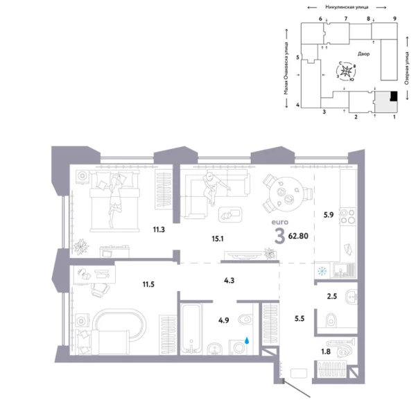 Новая 3-к квартира
 62.8 м² на 16/30 этаже в ЖК «Страна.Озёрная» в городе Тюмень 