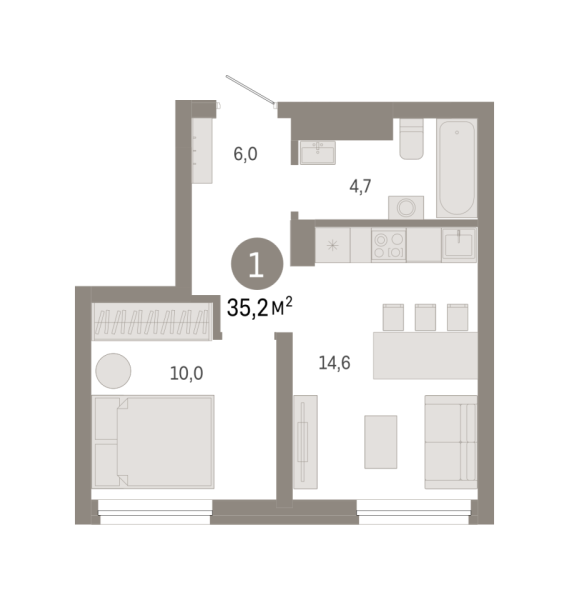 Новая 1-к квартира
 35.23 м² на 5/7 этаже в ЖК «Северный квартал» в городе Тюмень 