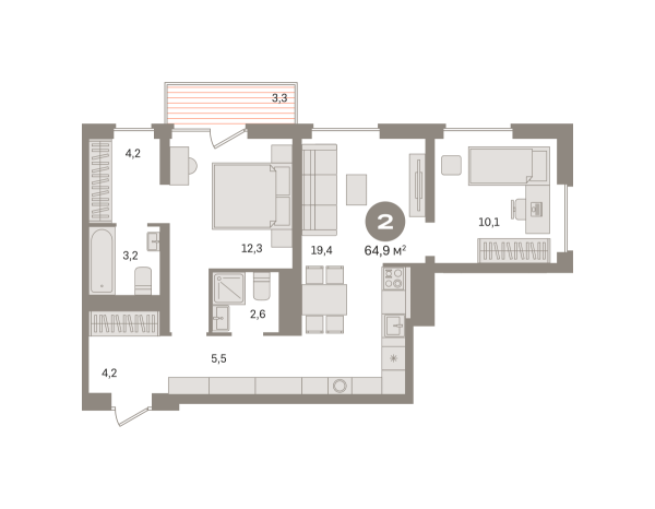 Новая 2-к квартира
 64.85 м² на 3/8 этаже в ЖК «Северный квартал» в городе Тюмень 
