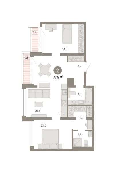 Новая 2-к квартира
 77.94 м² на 7/9 этаже в ЖК «Европейский квартал» в городе Тюмень 