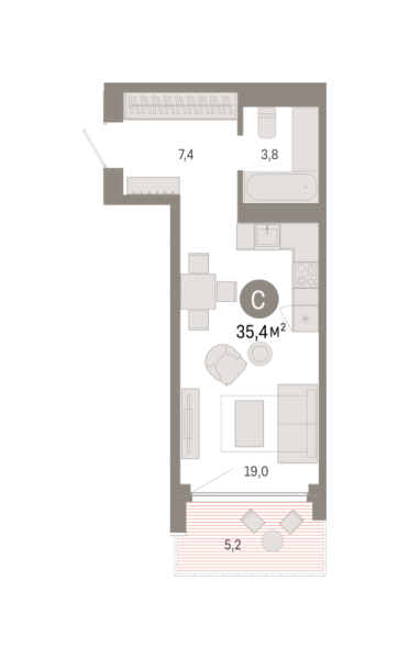 Новая квартира-студия
 35.39 м² на 20/25 этаже в ЖК «Октябрьский на Туре» в городе Тюмень 