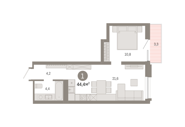 Новая 1-к квартира
 44.36 м² на 6/8 этаже в ЖК «Северный квартал» в городе Тюмень 