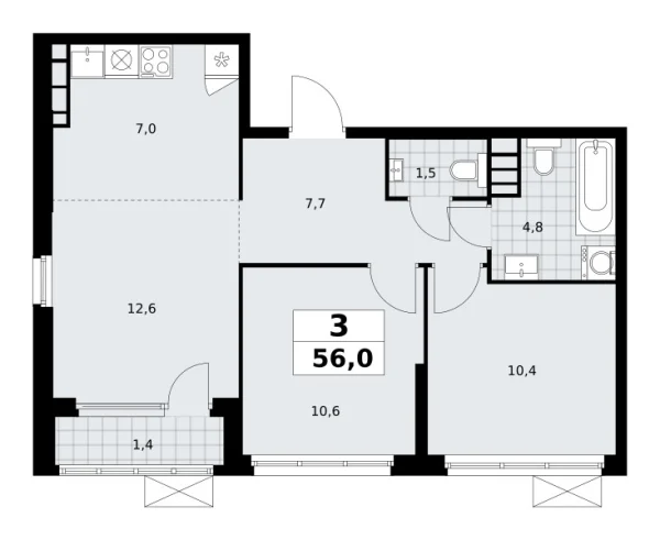 Новая 3-к квартира
 56 м² на 30/30 этаже в ЖК «Южные сады» в городе Тюмень 