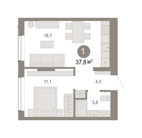 Новая 1-к квартира
 37.81 м² на 2/7 этаже в ЖК «Октябрьский на Туре» в городе Тюмень 