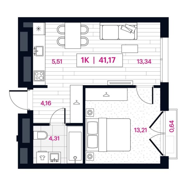 Новая 1-к квартира
 41.17 м² на 13/16 этаже в ЖК «Пушкина» в городе Тюмень 
