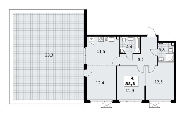 Новая 3-к квартира
 88.8 м² на 2/12 этаже в ЖК «Скандинавия» в городе Тюмень 