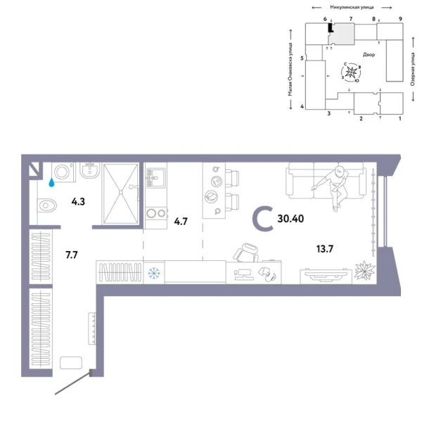 Новая квартира-студия
 30.4 м² на 19/30 этаже в ЖК «Страна.Озёрная» в городе Тюмень 