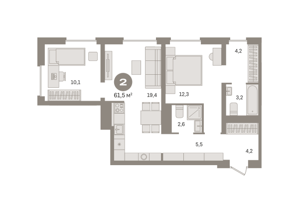 Новая 2-к квартира
 61.48 м² на 2/8 этаже в ЖК «Северный квартал» в городе Тюмень 