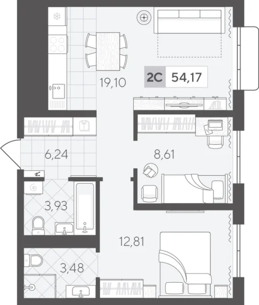 Новая 2-к квартира
 54.17 м² на 12/17 этаже в ЖК «Скандиа. Квартал в Комарово Парк» в городе Тюмень 