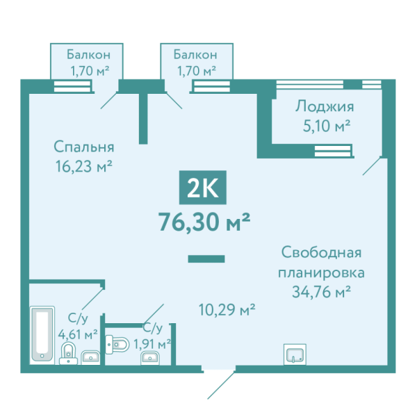 Новая квартира-студия
 76.3 м² на 10/10 этаже в ЖК «Акватория» в городе Тюмень 