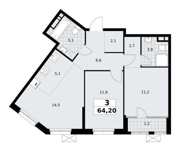 Новая 3-к квартира
 64.2 м² на 14/16 этаже в ЖК «Дом на Зорге» в городе Тюмень 