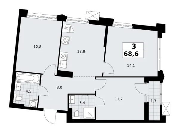 Новая 3-к квартира
 68.6 м² на 13/17 этаже в ЖК «Деснаречье» в городе Тюмень 