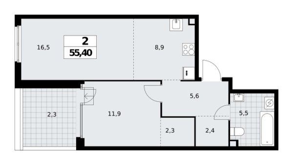 Новая 2-к квартира
 55.4 м² на 2/16 этаже в ЖК «Дом на Зорге» в городе Тюмень 