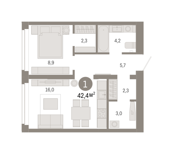 Новая 1-к квартира
 42.43 м² на 2/9 этаже в ЖК «Республики 205» в городе Тюмень 