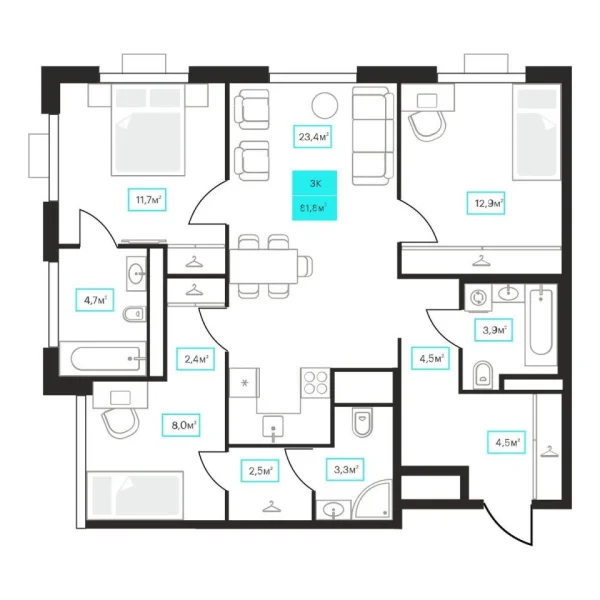 Новая 3-к квартира
 81.8 м² на 16/23 этаже в ЖК «Futuro» в городе Тюмень 
