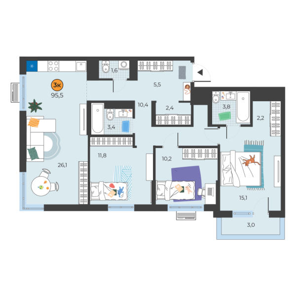 Новая 3-к квартира
 93.4 м² на 10/25 этаже в ЖК «Корней» в городе Тюмень 