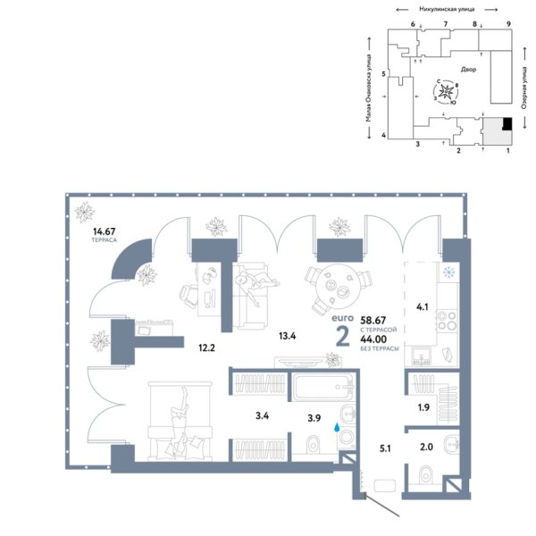 Новая 2-к квартира
 58.67 м² на 8/30 этаже в ЖК «Страна.Озёрная» в городе Тюмень 