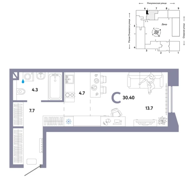 Новая квартира-студия
 30.4 м² на 2/30 этаже в ЖК «Страна.Озёрная» в городе Тюмень 