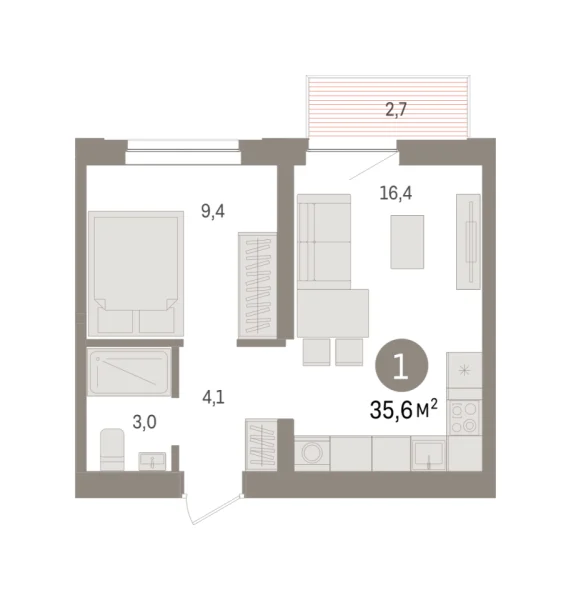 Новая 1-к квартира
 35.3 м² на 7/8 этаже в ЖК «Речной порт» в городе Тюмень 