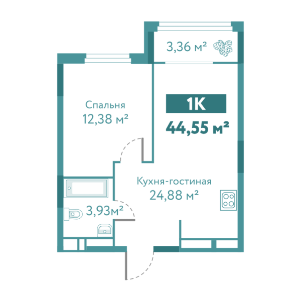 Новая 1-к квартира
 44.55 м² на 9/10 этаже в ЖК «Акватория» в городе Тюмень 