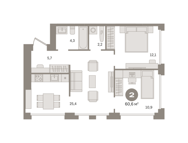 Новая 2-к квартира
 60.6 м² на 5/8 этаже в ЖК «Дом «А»» в городе Тюмень 