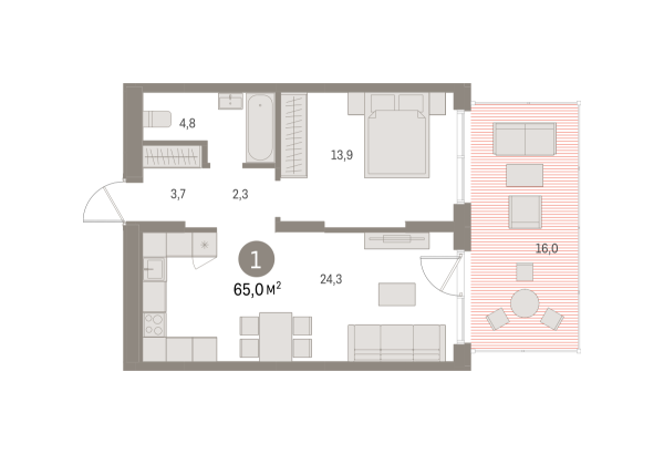 Новая 1-к квартира
 65.01 м² на 1/16 этаже в ЖК «Шишимская горка» в городе Тюмень 
