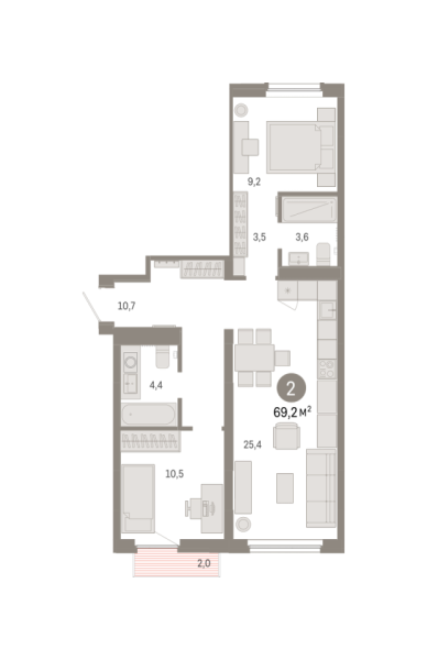 Новая 2-к квартира
 69.18 м² на 9/9 этаже в ЖК «Брусника в Академическом» в городе Тюмень 