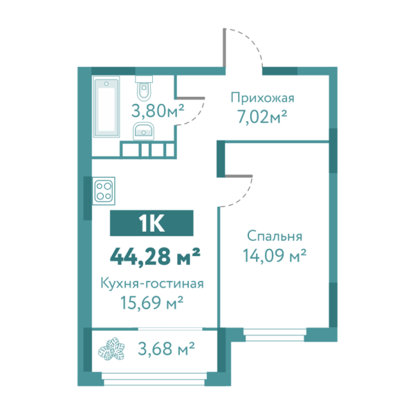 Новая 1-к квартира
 44.28 м² на 3/10 этаже в ЖК «Акватория» в городе Тюмень 