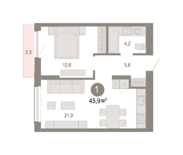 Новая 1-к квартира
 45.93 м² на 16/17 этаже в ЖК «Октябрьский на Туре» в городе Тюмень 
