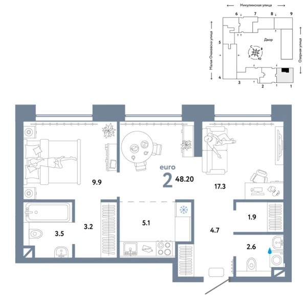 Новая 2-к квартира
 48.2 м² на 9/30 этаже в ЖК «Страна.Озёрная» в городе Тюмень 
