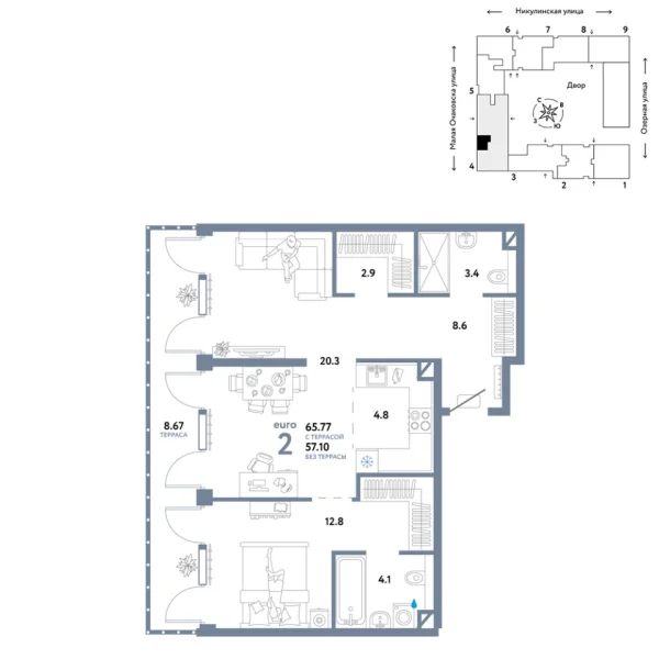 Новая 2-к квартира
 65.77 м² на 8/30 этаже в ЖК «Страна.Озёрная» в городе Тюмень 