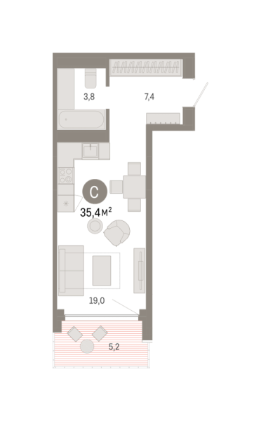 Новая квартира-студия
 35.39 м² на 22/25 этаже в ЖК «Октябрьский на Туре» в городе Тюмень 