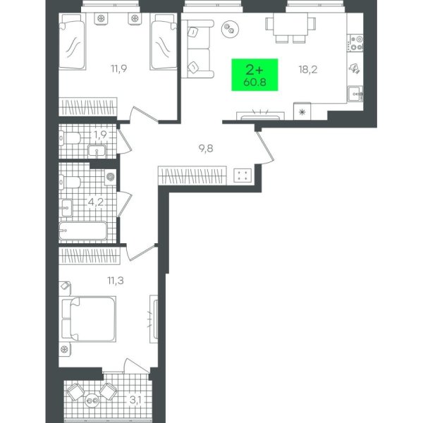 Новая 2-к квартира
 60.8 м² на 6/22 этаже в ЖК «Гранд Квартал» в городе Тюмень 