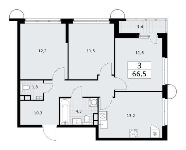 Новая 3-к квартира
 66.5 м² на 3/10 этаже в ЖК «Родные кварталы» в городе Тюмень 
