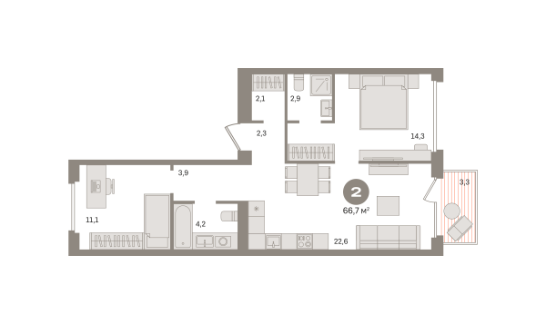 Новая 2-к квартира
 66.7 м² на 4/7 этаже в ЖК «Дом «А»» в городе Тюмень 