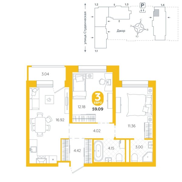 Новая 3-к квартира
 59.09 м² на 23/25 этаже в ЖК «Тёплые кварталы» в городе Тюмень 
