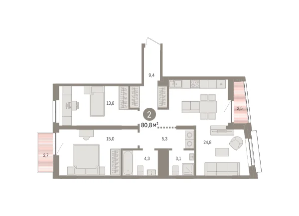 Новая 2-к квартира
 80.3 м² на 7/8 этаже в ЖК «Речной порт» в городе Тюмень 