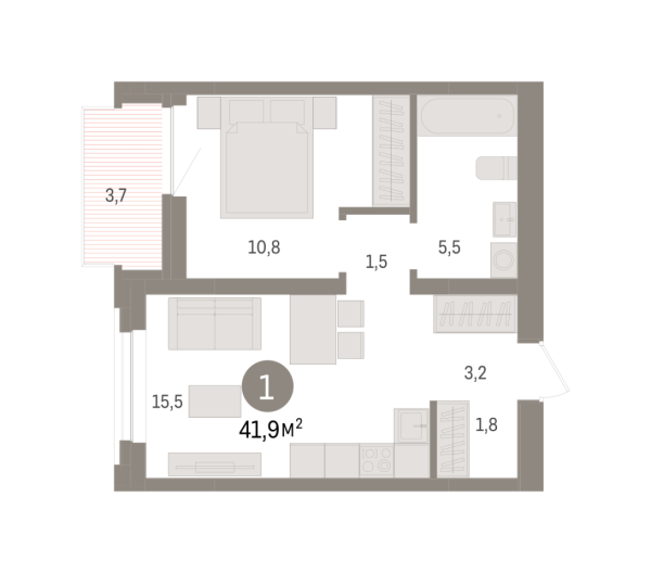 Новая 1-к квартира
 41.9 м² на 7/9 этаже в ЖК «Речной порт» в городе Тюмень 