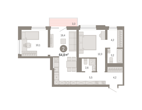 Новая 2-к квартира
 64.84 м² на 6/8 этаже в ЖК «Северный квартал» в городе Тюмень 