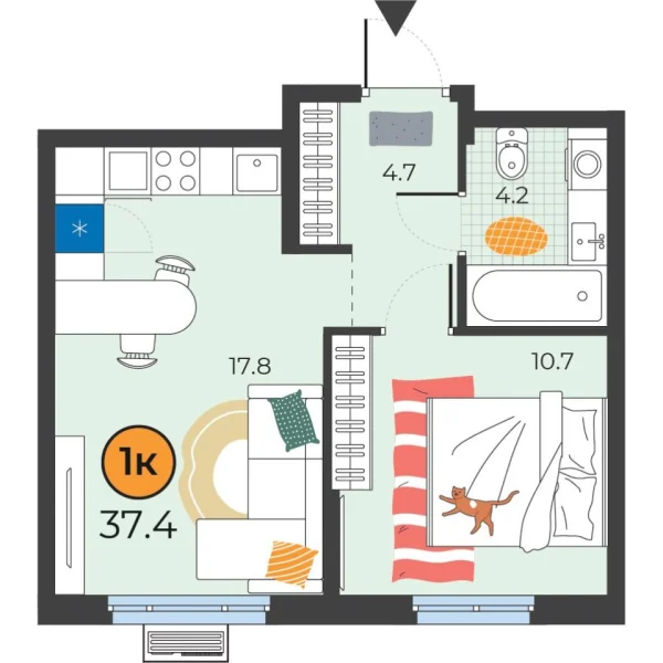 Новая 1-к квартира
 37.4 м² на 6/25 этаже в ЖК «Корней» в городе Тюмень 