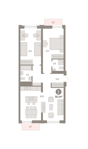 Новая 2-к квартира
 91.5 м² на 4/9 этаже в ЖК «Речной порт» в городе Тюмень 