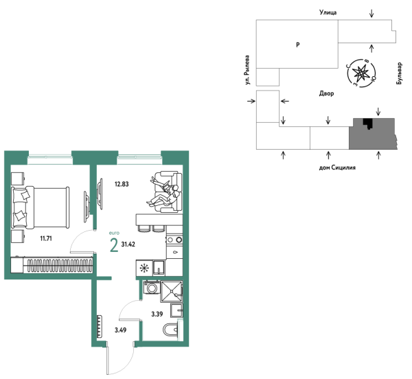 Новая 2-к квартира
 31.42 м² на 18/24 этаже в ЖК «Остров-сад» в городе Тюмень 