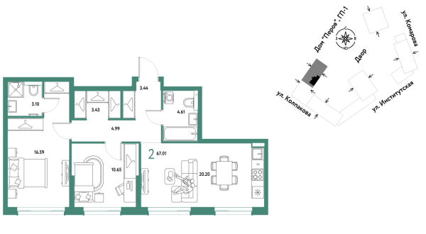 Новая 2-к квартира
 67.01 м² на 19/25 этаже в ЖК «Страна.Парковая» в городе Тюмень 