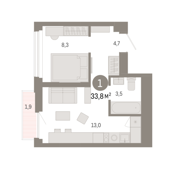 Новая 1-к квартира
 33.78 м² на 19/25 этаже в ЖК «Зарека» в городе Тюмень 