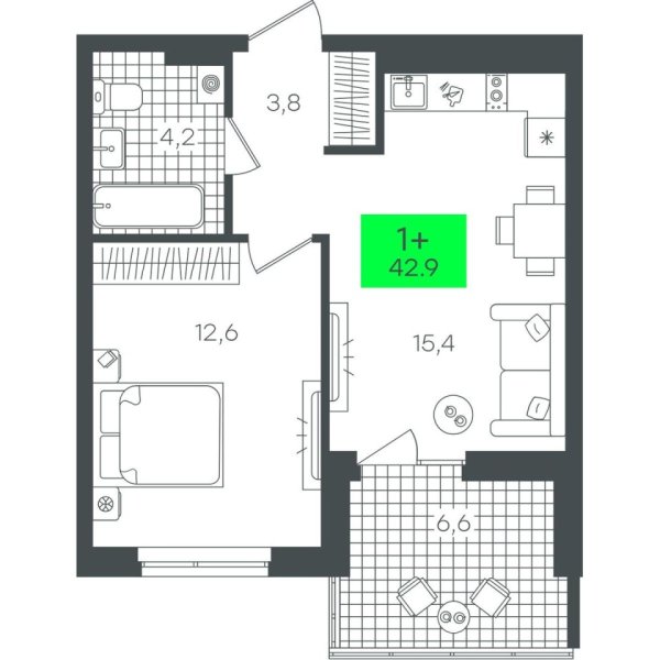 Новая 1-к квартира
 42.9 м² на 7/22 этаже в ЖК «Гранд Квартал» в городе Тюмень 