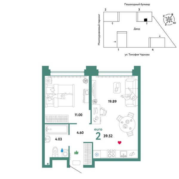 Новая 2-к квартира
 39.52 м² на 31/31 этаже в ЖК «Звёздный» в городе Тюмень 