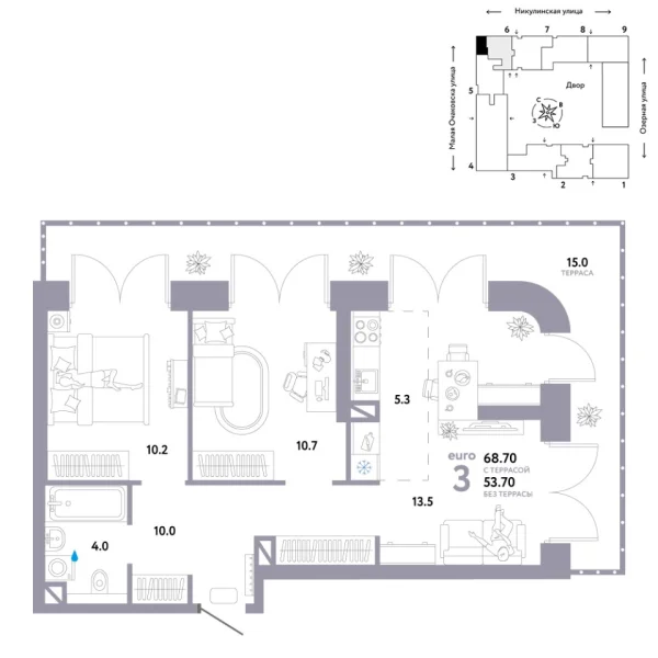 Новая 3-к квартира
 68.7 м² на 8/30 этаже в ЖК «Страна.Озёрная» в городе Тюмень 