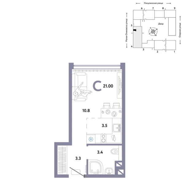 Новая квартира-студия
 21 м² на 15/30 этаже в ЖК «Страна.Озёрная» в городе Тюмень 