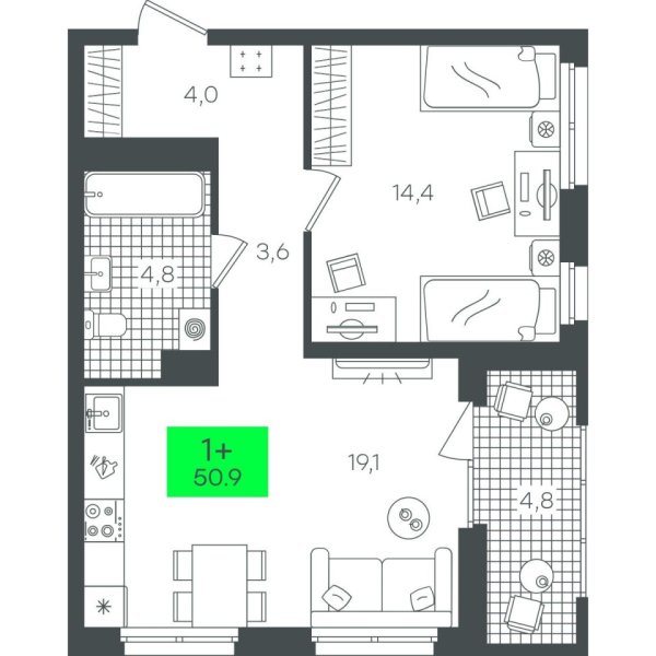 Новая 1-к квартира
 50.95 м² на 7/22 этаже в ЖК «Гранд Квартал» в городе Тюмень 