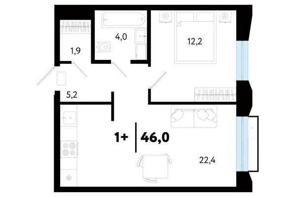Новая 1-к квартира
 46.02 м² на 23/25 этаже в ЖК «Кедровый берег» в городе Тюмень 
